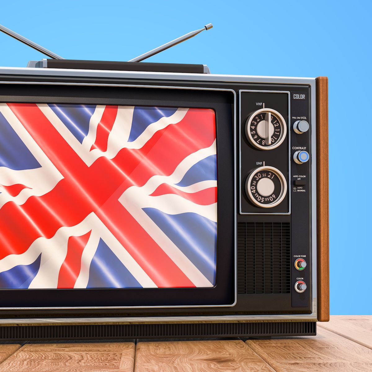 An old TV set displays the British flag on the screen to represent watching BBC iPlayer with Surfshark VPN.