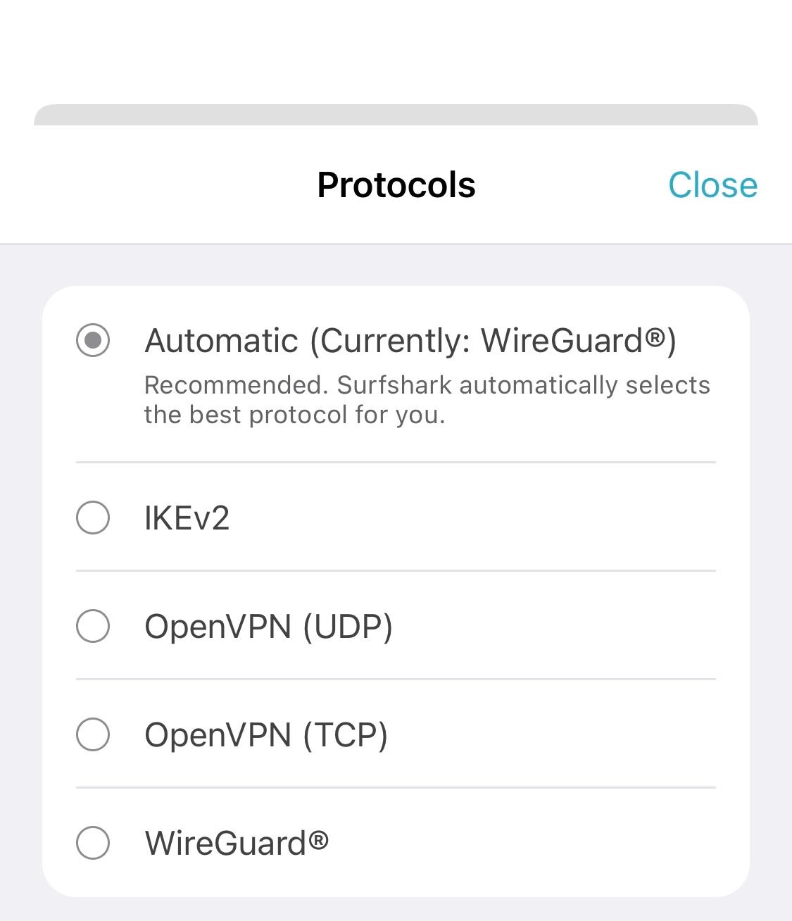 A screenshot of the Surfshark VPN protocol options, including WireGuard, IKEv2, and OpenVPN, on its mobile app.
