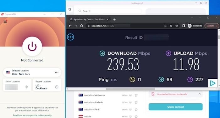 Our baseline internet speed without either VPN connected was 240 Mbps download, 12 Mbps upload, and 11 ping.