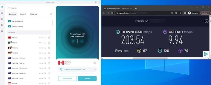Our Surfshark VPN internet speeds while connected to a Canadian server were 204 Mbps download, 10 Mbps upload, and 67 ms.