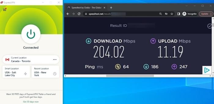 Our ExpressVPN internet speeds while connected to a Canadian server were 204 Mbps download, 11 Mbps upload, and 64 ms latency.