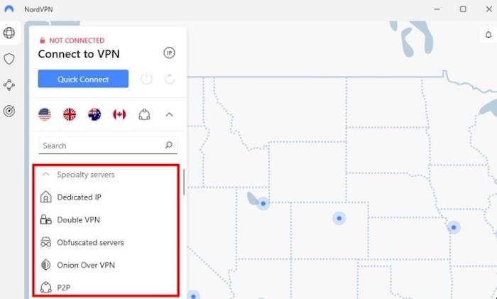 NordVPN has designated servers for P2P (torrenting), Onion Over VPN, Double VPN, obfuscated servers, and Dedicated IP.