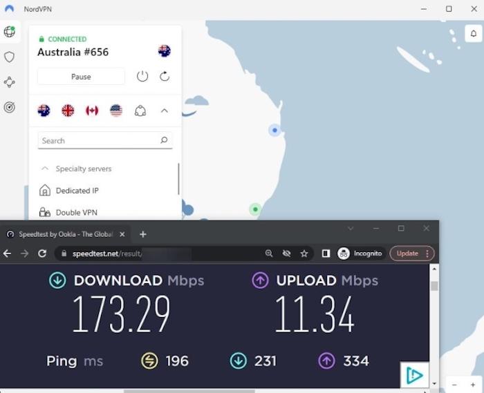 We saw slightly faster speeds with NordVPN while connected to a Sydney, Australia server.