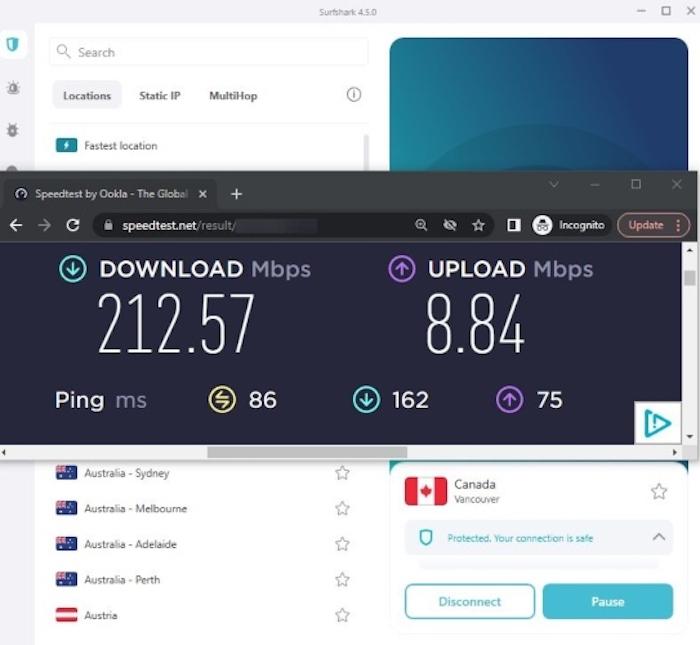 We saw a slight drop in upload speed with Surfshark when we connected to a Canadian server, but not enough to be worried about.