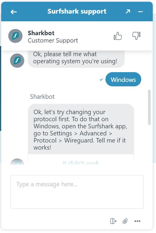 The Surfshark chatbot asks you a number of questions to drill down to the issue you're having and help you find a resolution.