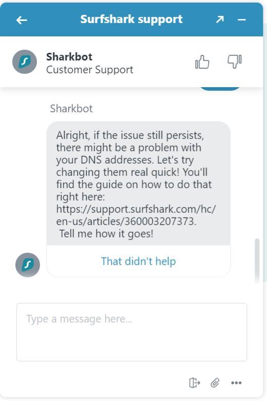 You have the option to tell the Surfshark chatbot if its solution didn't help.
