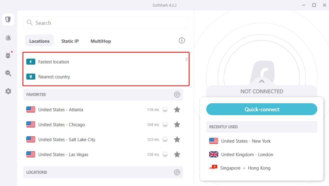 A screenshot of the Surfshark interface showing server options for fastest location and nearest country.