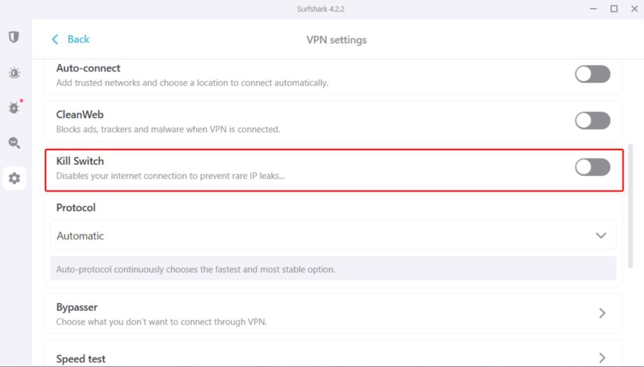 A screenshot of the Surfshark VPN settings with the Kill Switch feature highlighted by a red box.