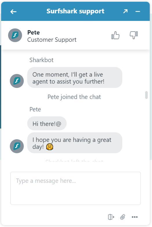 Surfshark's live chat feature might be more helpful. We found our customer support rep, Pete, to be very cheerful.