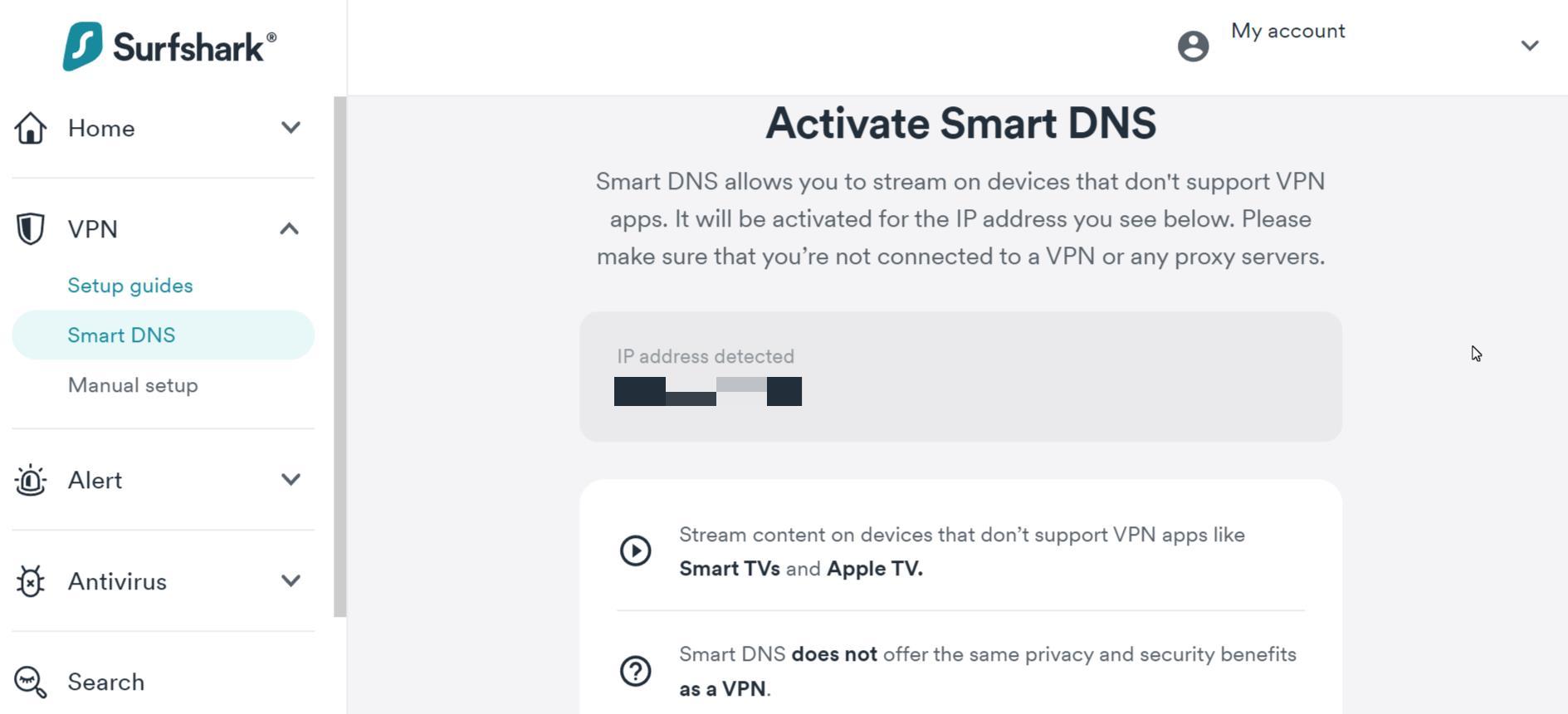 A screenshot of our Surfshark account with the option to activate Smart DNS, which allows you to stream on devices that don't support a VPN.