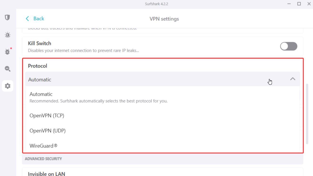A screenshot of the Surfshark VPN settings, showing the VPN protocol set to automatically update. Options for OpenVPN and WireGuard are also shown on its desktop app.