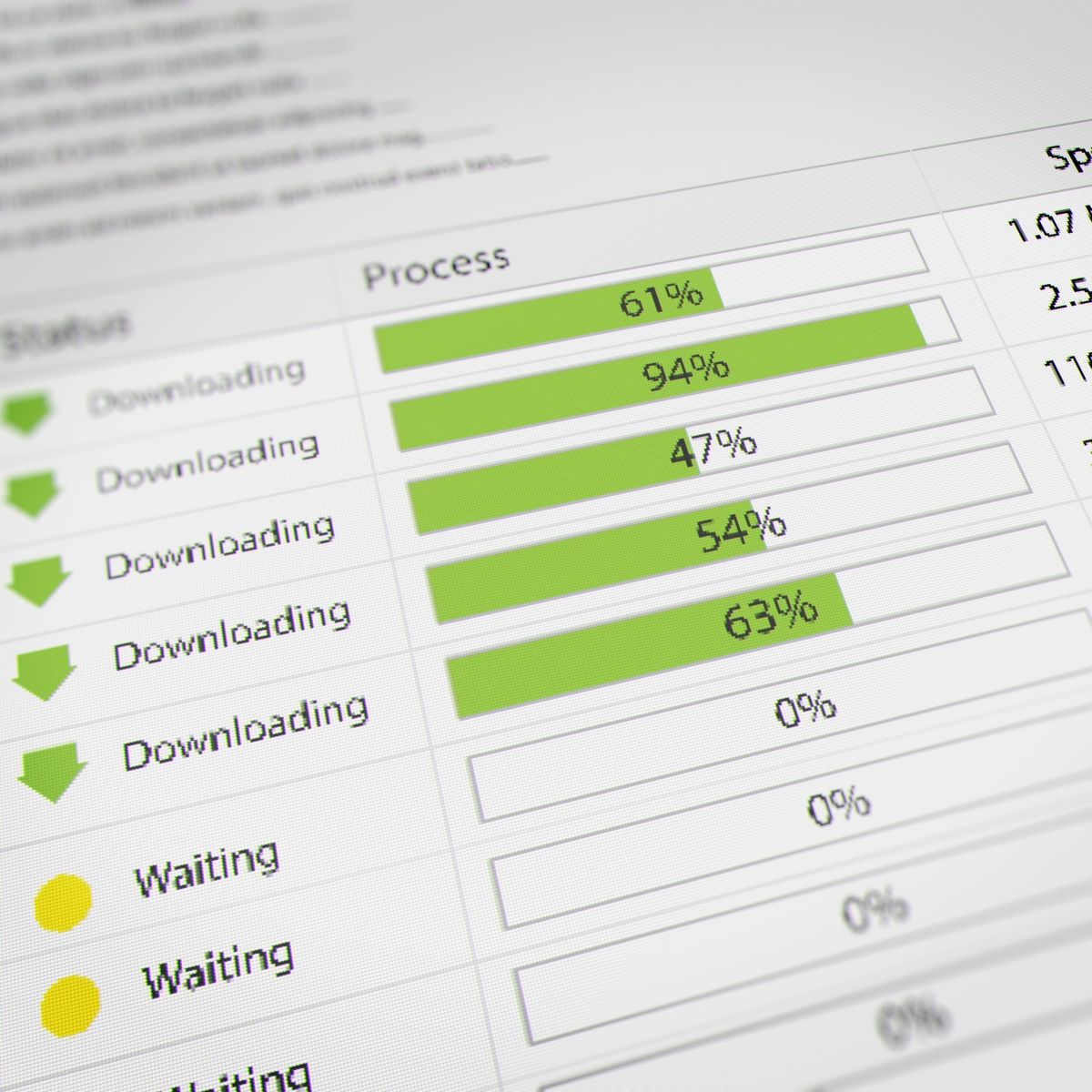 Several green bars showing torrent percentage of download