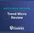 A blue background with images of locks and shields with the text &quot;Antivirus Review Trend Micro Review&quot; and the All About Cookies logo. 