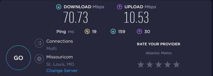 A speed test taken while using TunnelBear VPN from US to US servers.