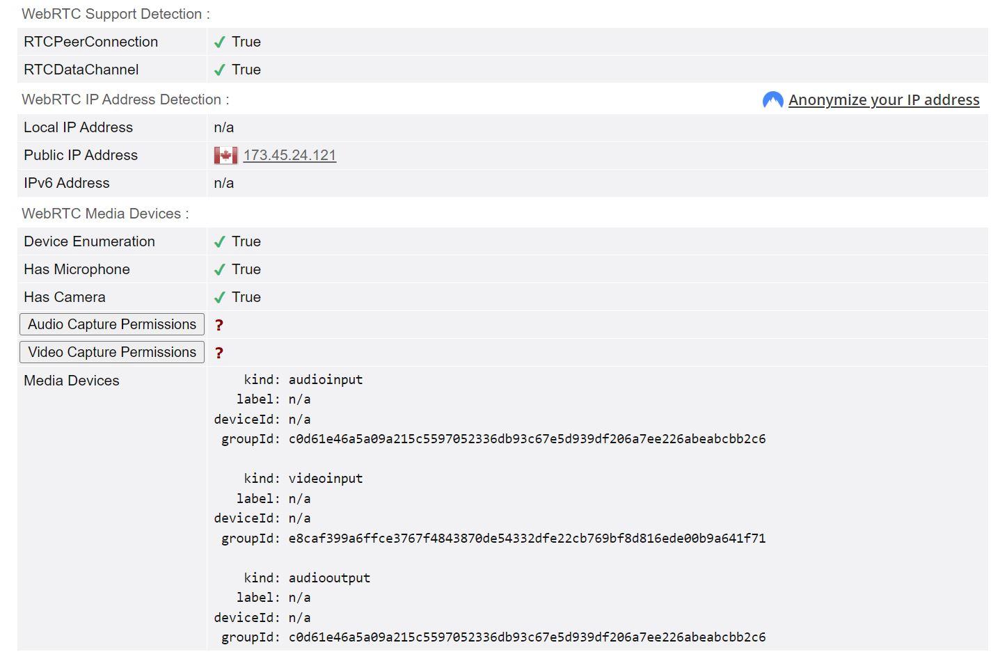 WebRTC leak test results for TunnelBear VPN from U.S. to Canadian servers.