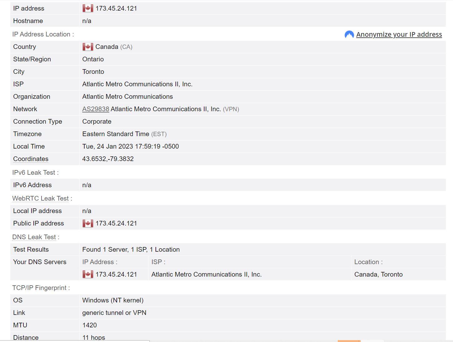 DNS leak test results for TunnelBear VPN from U.S. to Canadian servers.