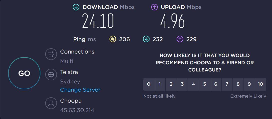A speed test taken while using TunnelBear VPN from US to Australian servers.