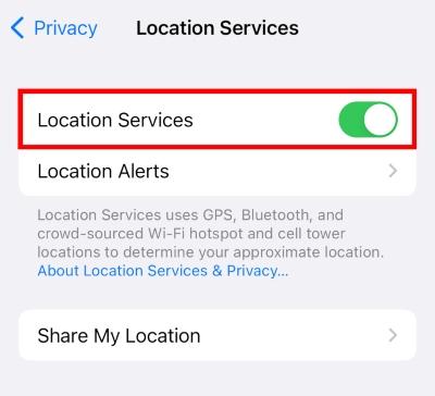 Screenshot of toggling location services off