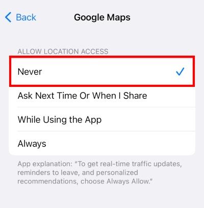 Screenshot of location settings