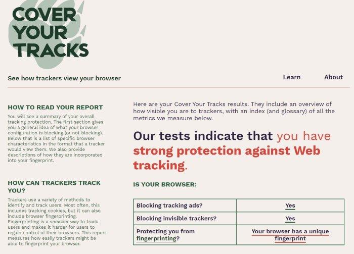 uBlock Origin's Cover Your Tracks test results.