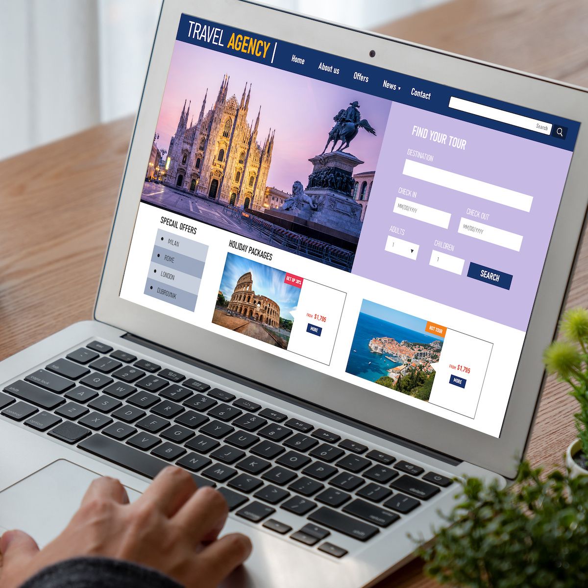 A person searches an online travel agency website for flights and hotels, both of which can be found at cheaper prices when using a VPN.