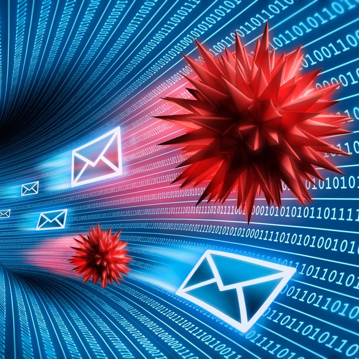 Red virus spiked balls traveling along with mail envelops through neon blue tunnuel of computer codes