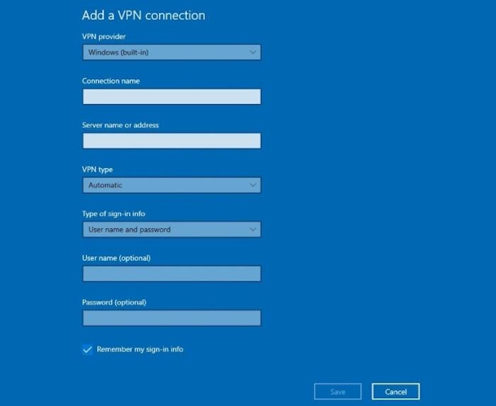 A screenshot of the built-in Windows VPN client settings