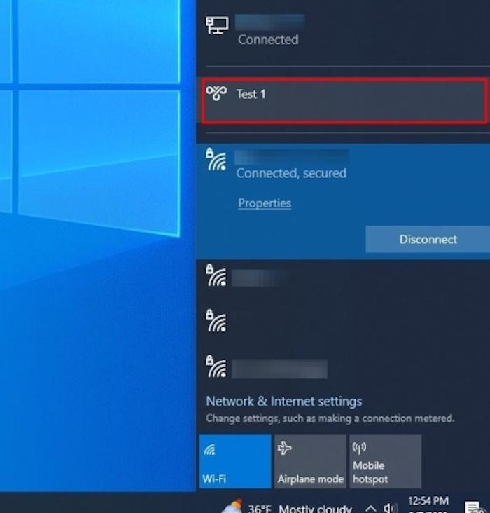 A screenshot of the Windows 10 VPN client connection shown in the taskbar.