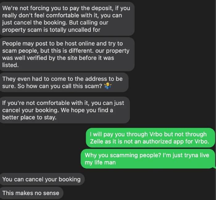 A text message conversation with a Vrbo owner who is requesting payment through Zelle.