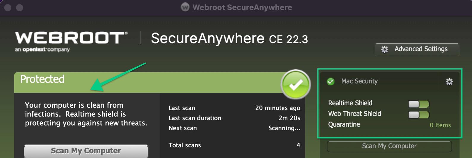 A screenshot of the Webroot antivirus main window showing that Realtime Shield is on.