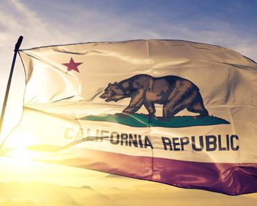 The state flag of California flutters against a blue sky and bright sunrise. The flag features a bear walking on green grass with a red star above it and the words &quot;California Republic&quot; below it.