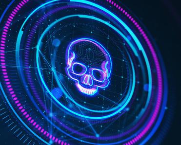 Abstract image of neon skull within concentric blue and purple circles