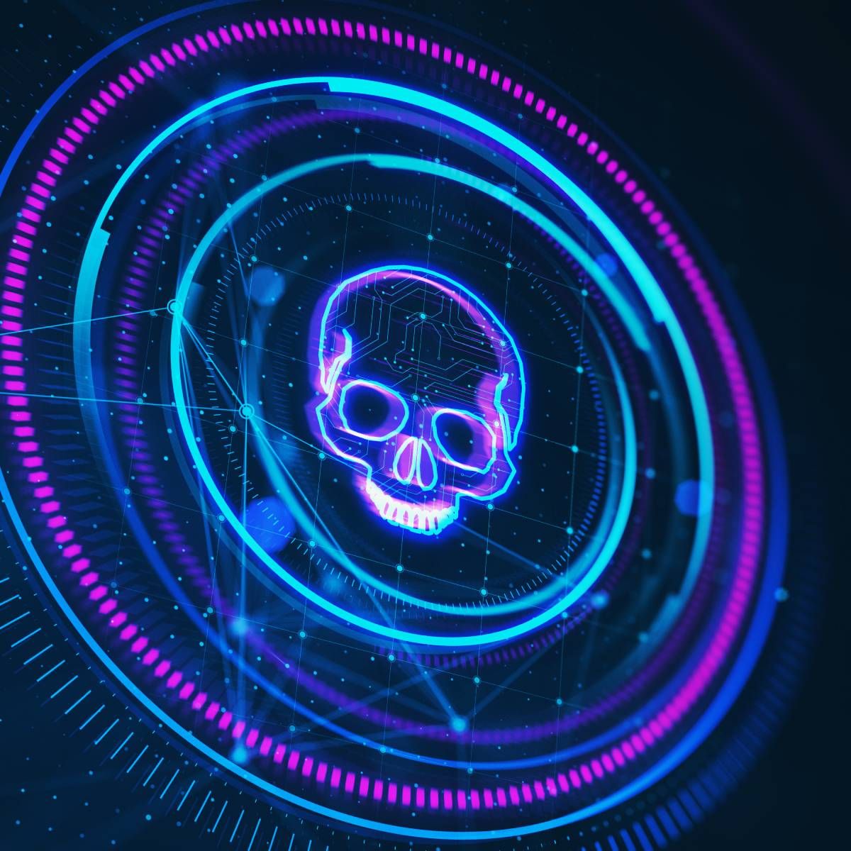 Abstract image of neon skull within concentric blue and purple circles
