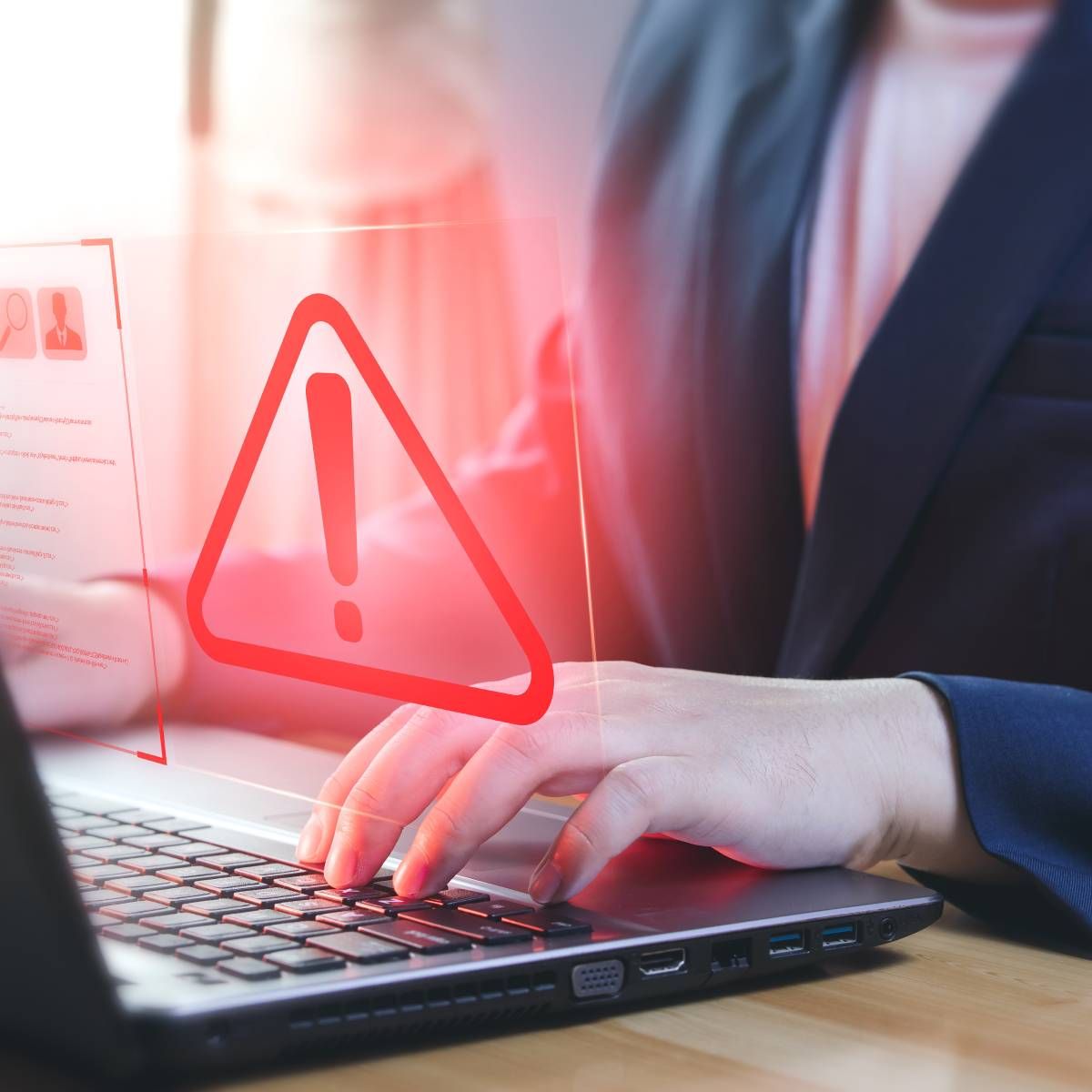 Businessperson sitting at computer with an abstract image of a virus.