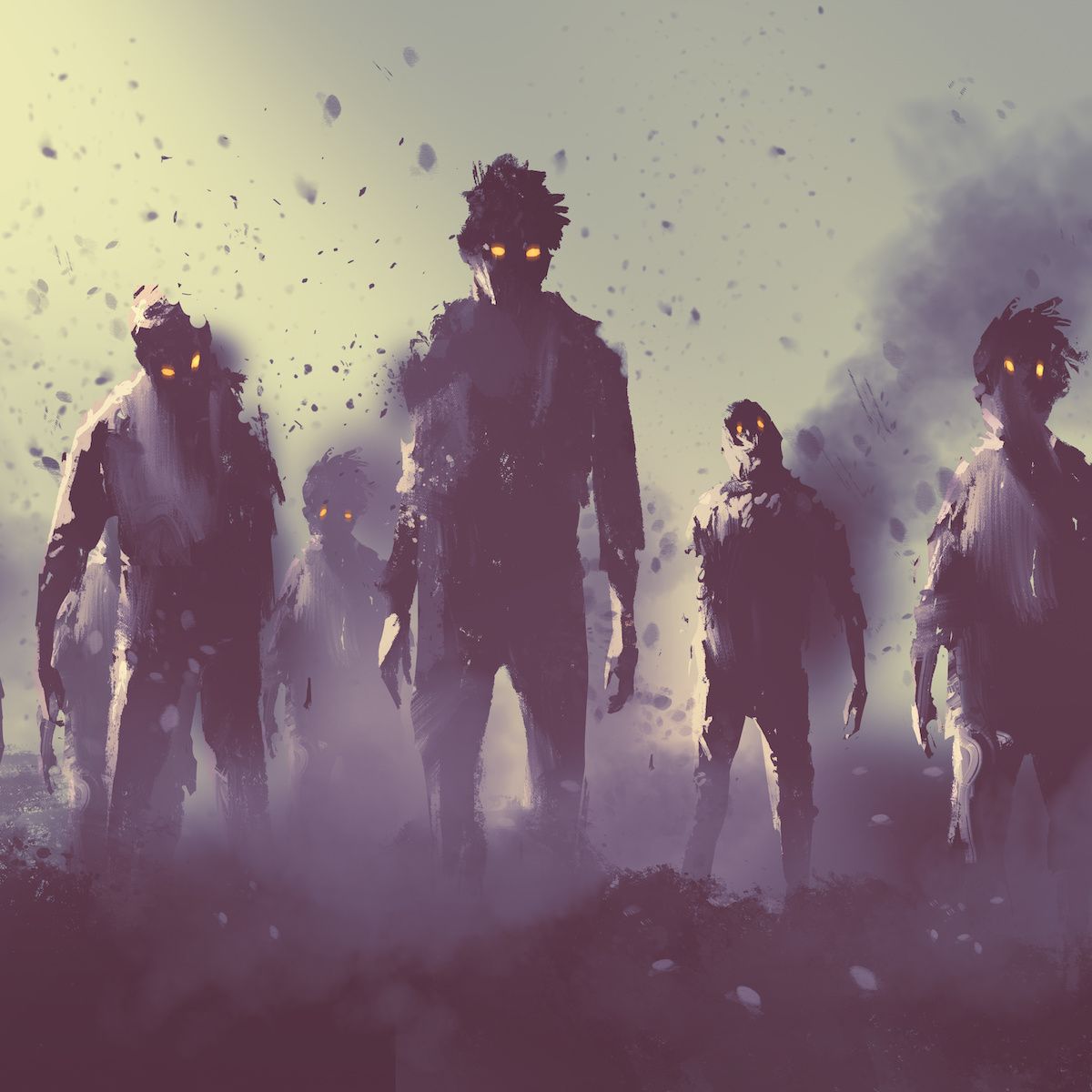 An illustration of a group of zombies walking toward the camera. You can use a VPN to unblock The Walking Dead TV show if you live outside the U.S.