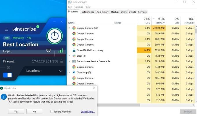 The CPU utilization on a computer spiking from “OpenJDK Platform binary” with about 74% utilization, along with a pop-up from Windscribe.