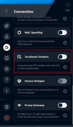 The Windscribe connection screen with a highlight around the terminate sockets option.