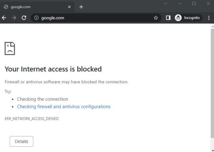 A webpage reading your internet access is blocked after using a VPN kill switch.