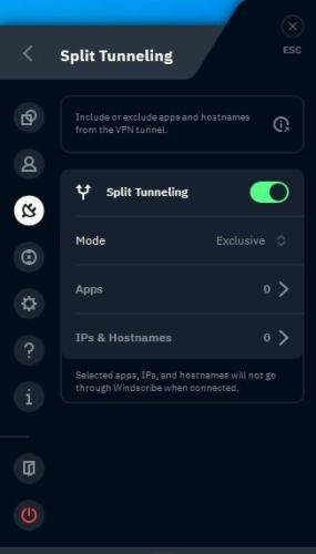 The split tunneling feature turned on in the Windscribe VPN app.
