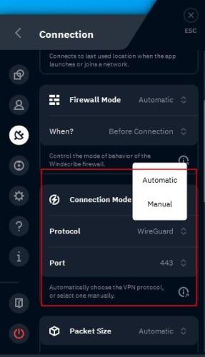 The Connection page on the Windscribe VPN app, highlighting the Connection mode section.