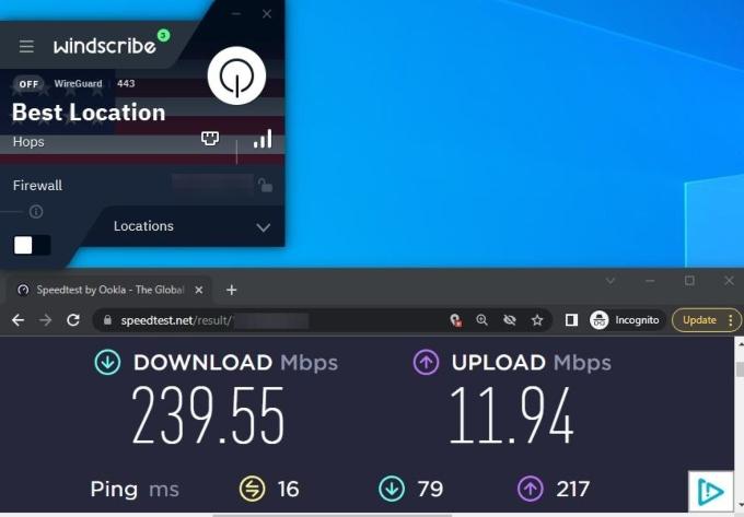 The Windscribe VPN app open on a computer, as well as a window with a speed test for the baseline speed.