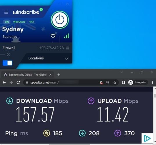 The Windscribe VPN app open on a computer, as well as a window with a speed test after the VPN was in use.