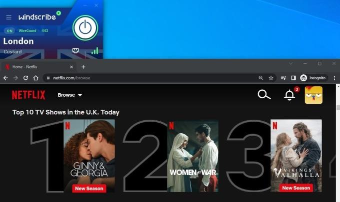 The Netflix homepage as well a window with the Windscribe VPN.