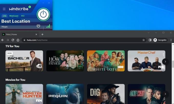 The Hulu homepage as well a window with the Windscribe VPN.