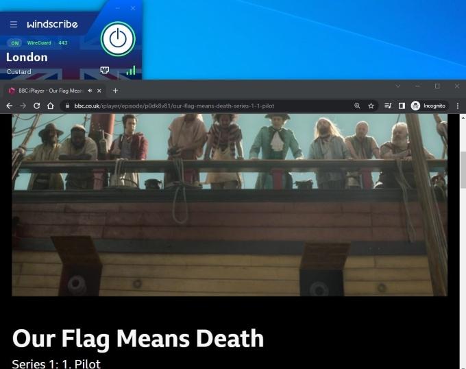 The BBC iPlayer page for "Our Flag Means Death" with Windscribe VPN open in the background.