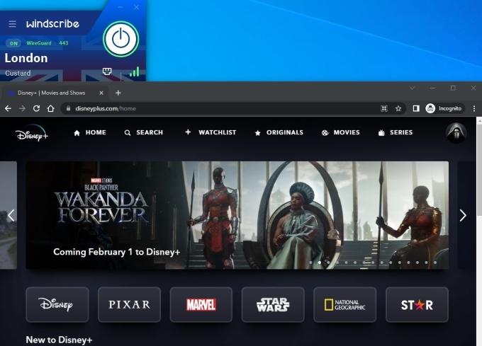 The Disney+ homepage as well a window with the Windscribe VPN.