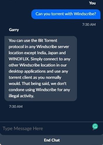 A customer support chat about torrenting with Garry, Windscribe's chatbot.