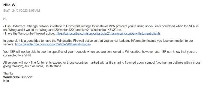 An email from Windscribe customer support about which servers work for torrenting on their VPN.