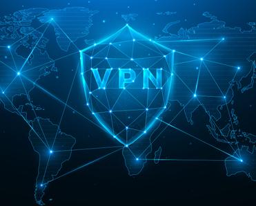 World map with blue neon lines connecting and VPN emblem in the middle