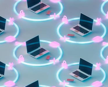computers enclosed in glowing blue circles with pink lock symbols
